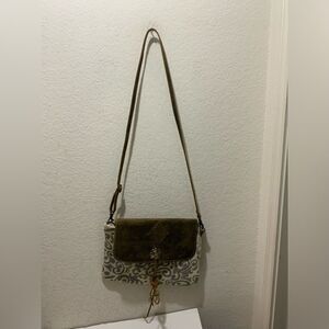 New Myra Bag Ivy Crossbody Grey Swirl Canvas Fabric and Leather Handbag